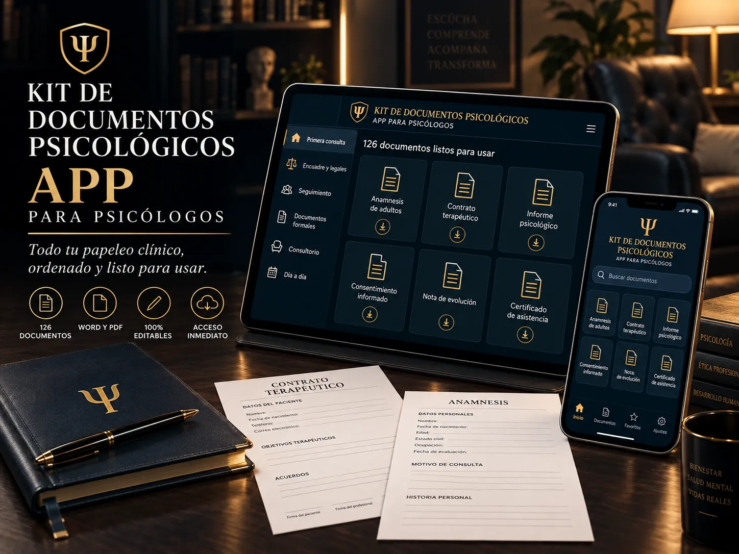 La app del Kit de Documentos Psicológicos abierta en tablet y celular, con los 126 documentos